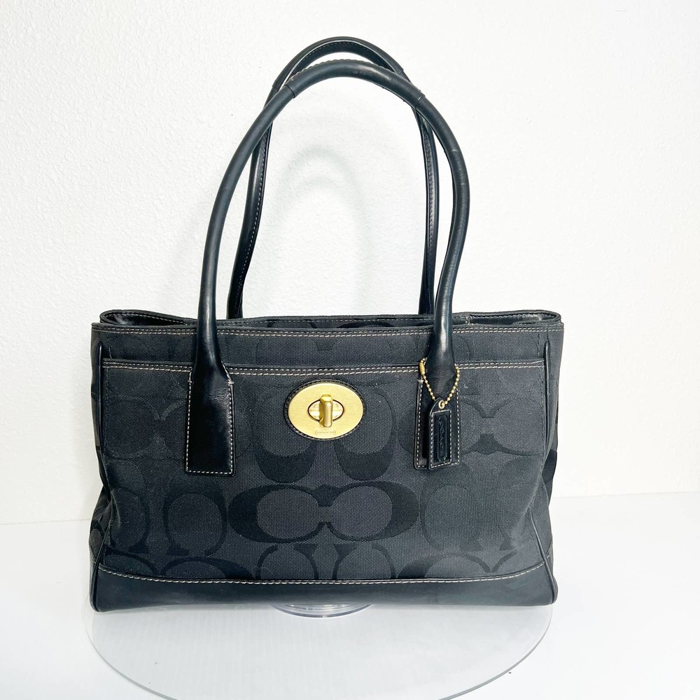Coach Madeline Black Leather Signature Canvas Satchel Tote Shoulder Bag